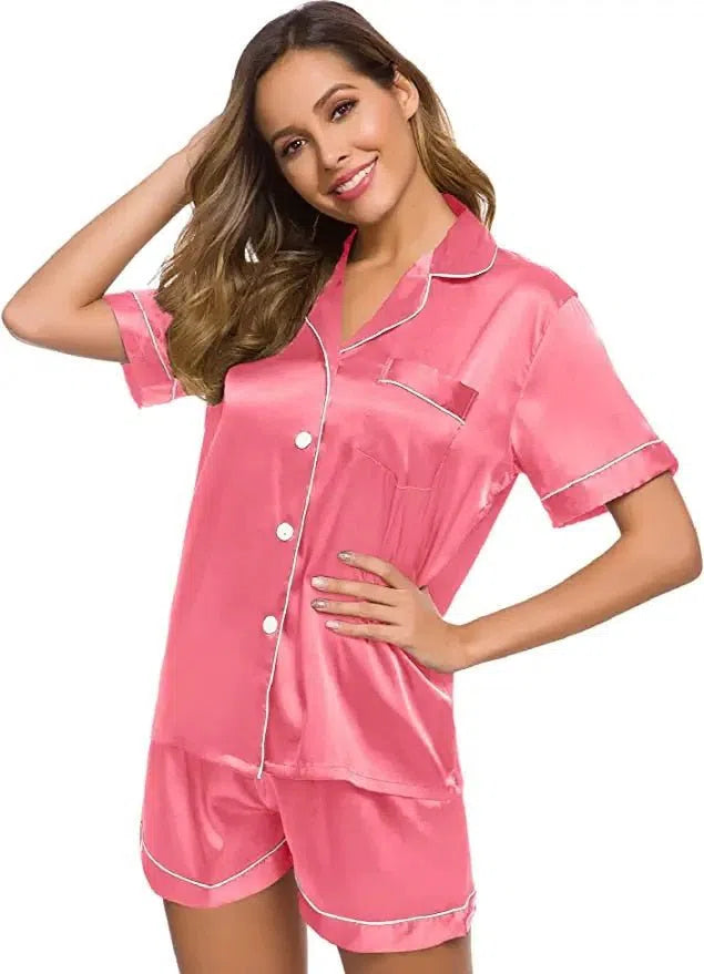 Satin Pajamas Women's Short Sleeve Soft Silk Button Set-Maas