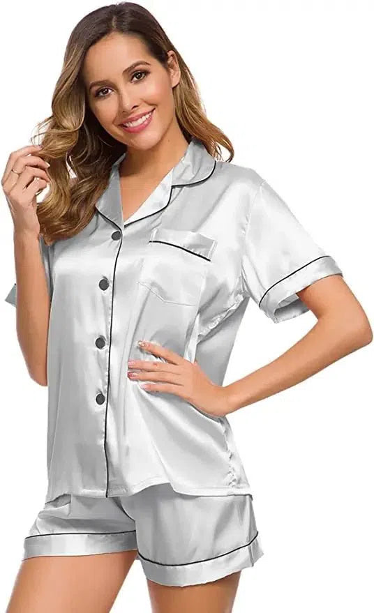 Satin Pajamas Women's Short Sleeve Soft Silk Button Set-Maas