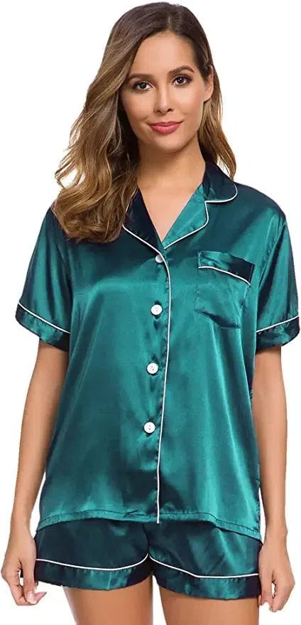 Satin Pajamas Women's Short Sleeve Soft Silk Button Set-Maas