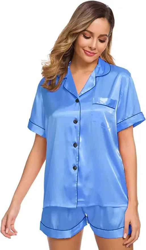 Satin Pajamas Women's Short Sleeve Soft Silk Button Set-Maas