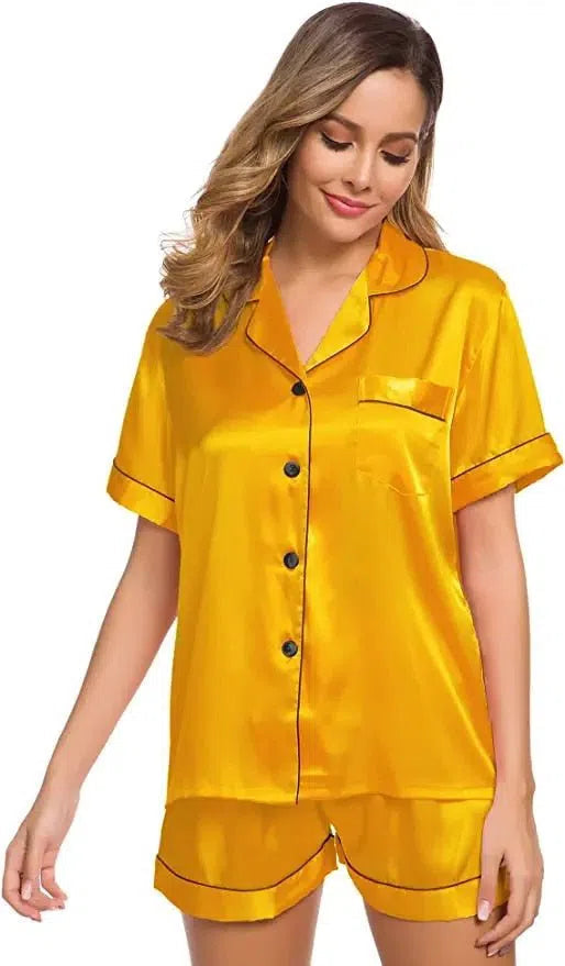 Satin Pajamas Women's Short Sleeve Soft Silk Button Set-Maas