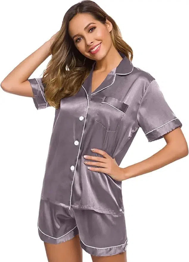 Satin Pajamas Women's Short Sleeve Soft Silk Button Set-Maas