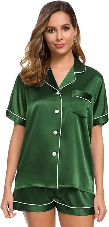 Satin Pajamas Women's Short Sleeve Soft Silk Button Set-Maas