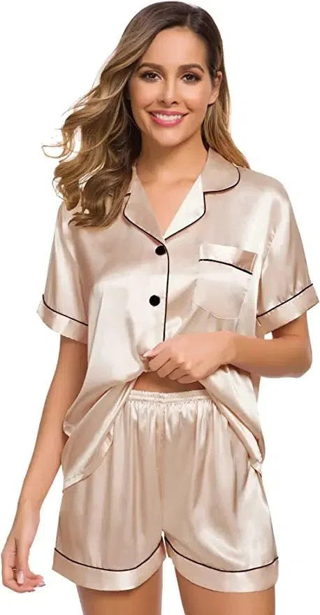 Satin Pajamas Women's Short Sleeve Soft Silk Button Set-Maas