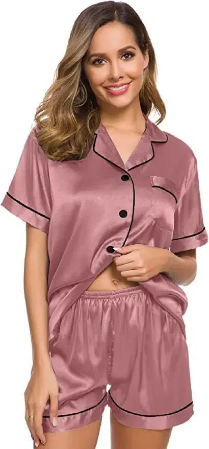 Satin Pajamas Women's Short Sleeve Soft Silk Button Set-Maas