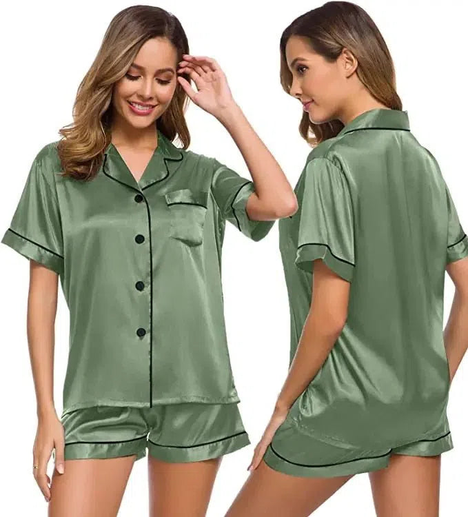 Satin Pajamas Women's Short Sleeve Soft Silk Button Set-Maas