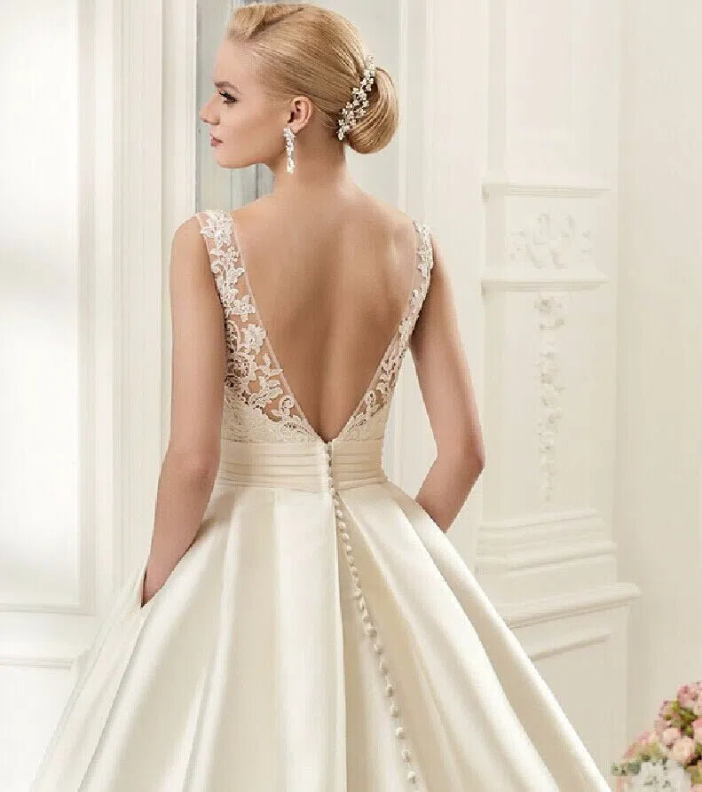 Sexy Backless Satin Wedding Dresses Gowns Ivory-Maas