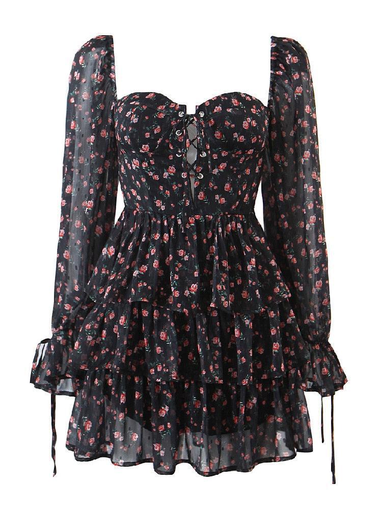 Sexy Cross Bandage Black Flower Print Puff Long Sleeve Dress-Maas