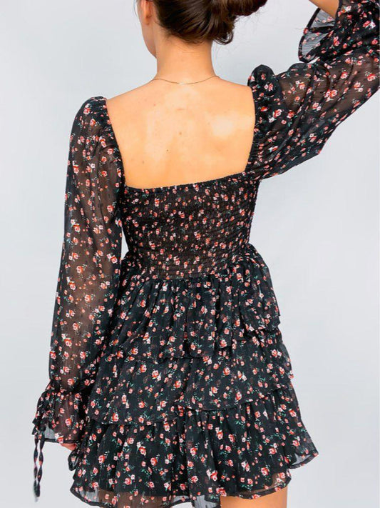 Sexy Cross Bandage Black Flower Print Puff Long Sleeve Dress-Maas