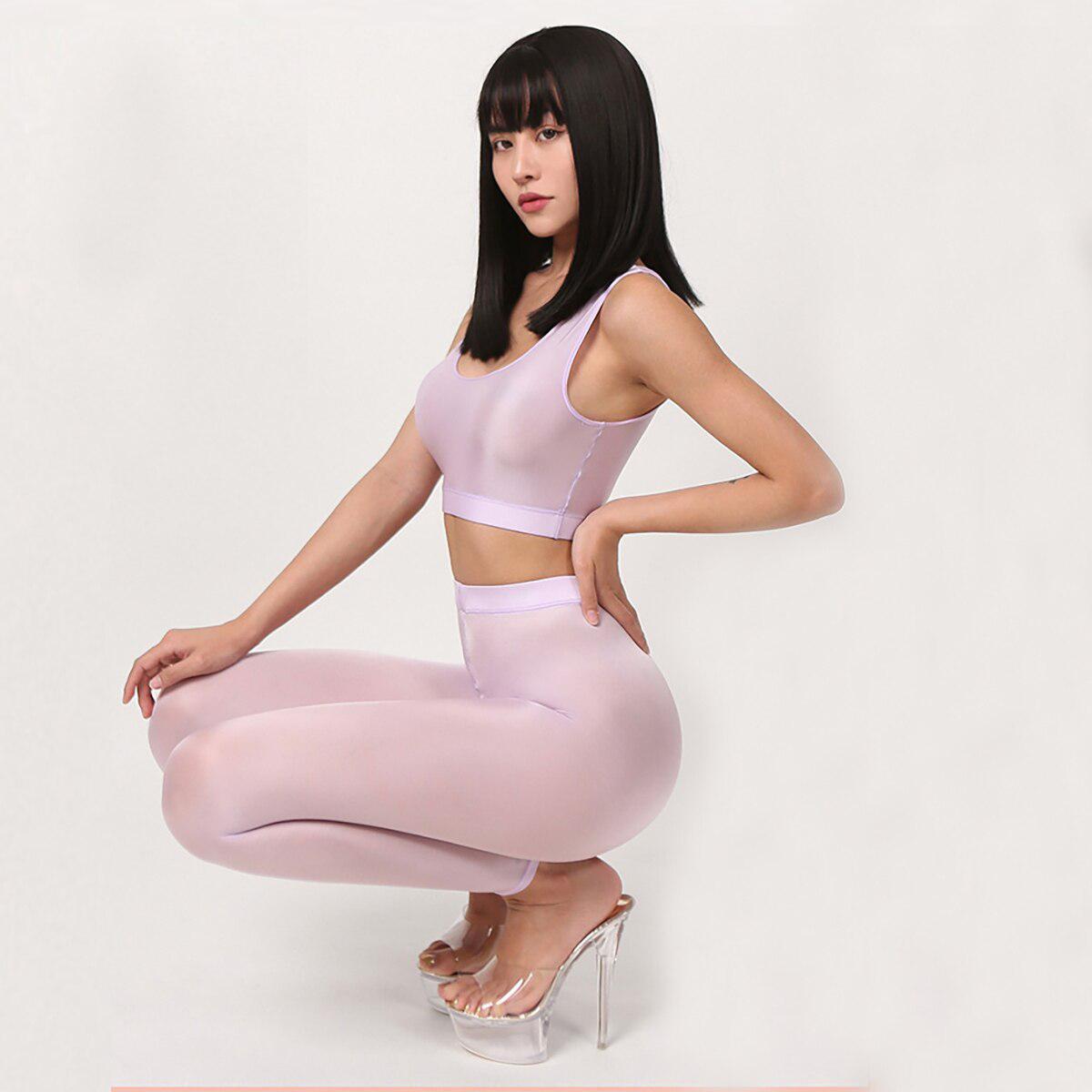 Sexy Summer Shiny Yoga Suit, See Through Tight Workout Leggings Suit-Maas