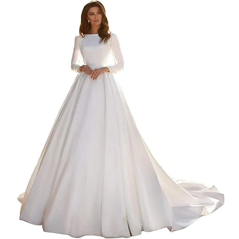 Simple Elegant White Satin Long Sleeve Wedding Dress-Maas