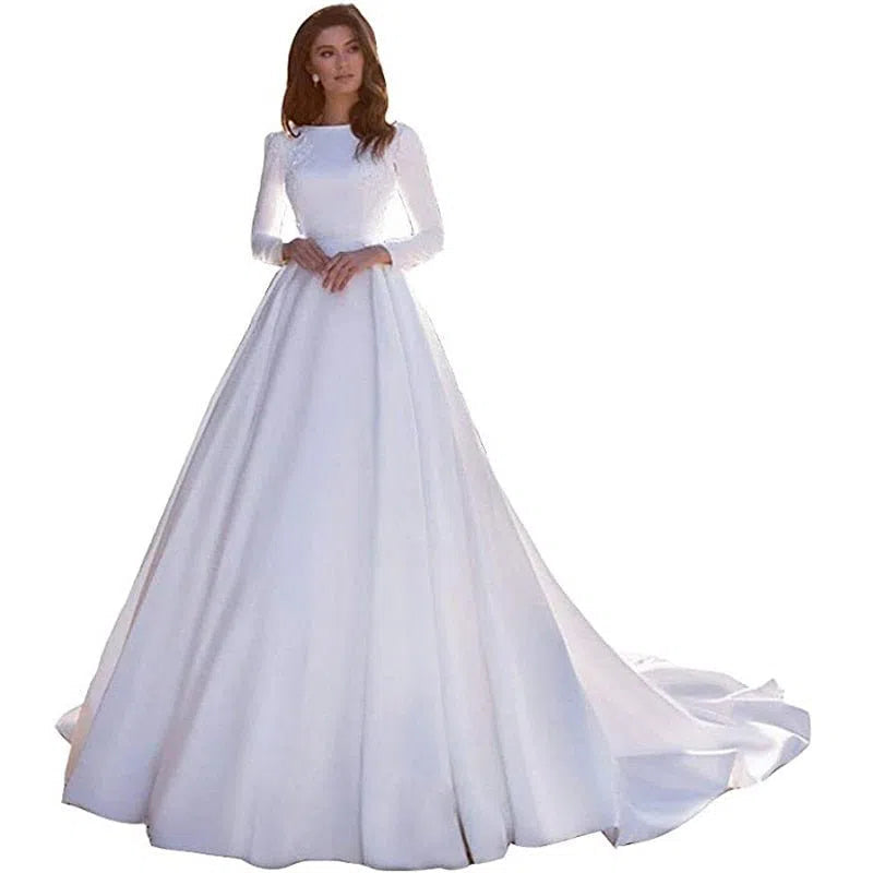 Simple Elegant White Satin Long Sleeve Wedding Dress-Maas