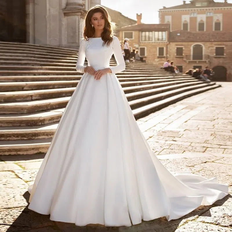 Simple Elegant White Satin Long Sleeve Wedding Dress-Maas