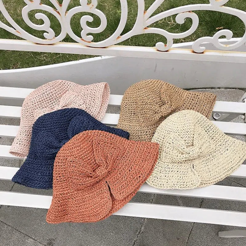 Small Brim Straw Women's Hat Sun Protection Bow Bucket Foldable Beach-Maas