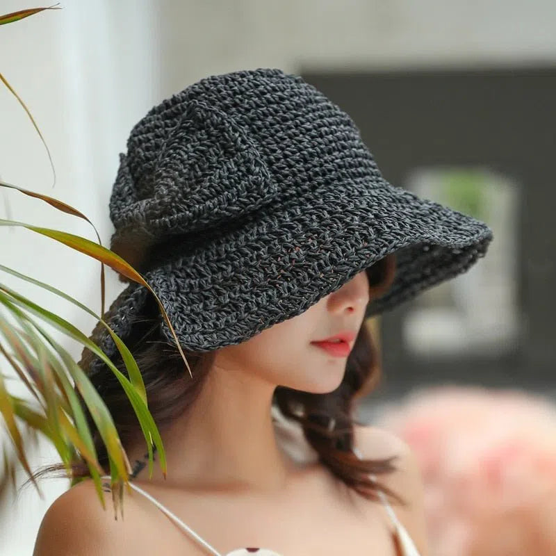 Small Brim Straw Women's Hat Sun Protection Bow Bucket Foldable Beach-Maas