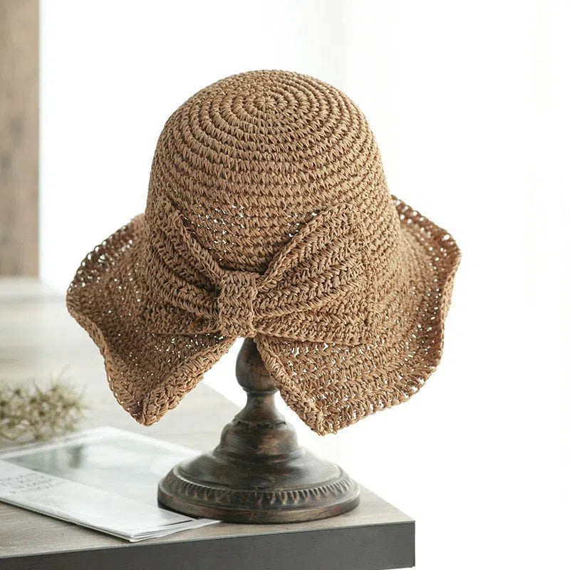 Small Brim Straw Women's Hat Sun Protection Bow Bucket Foldable Beach-Maas