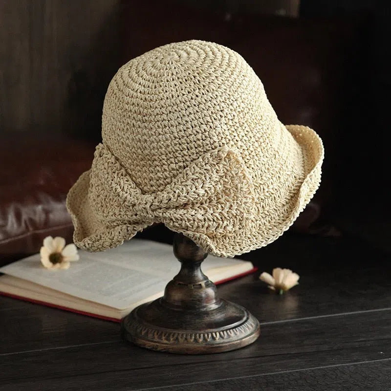 Small Brim Straw Women's Hat Sun Protection Bow Bucket Foldable Beach-Maas