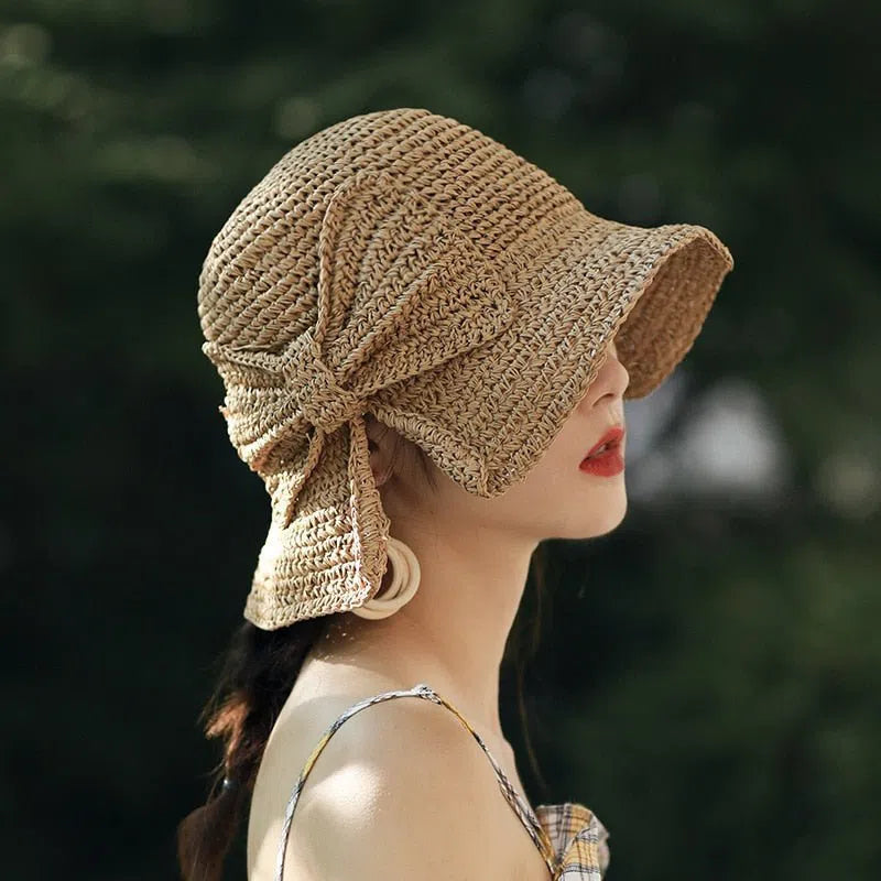 Small Brim Straw Women's Hat Sun Protection Bow Bucket Foldable Beach-Maas