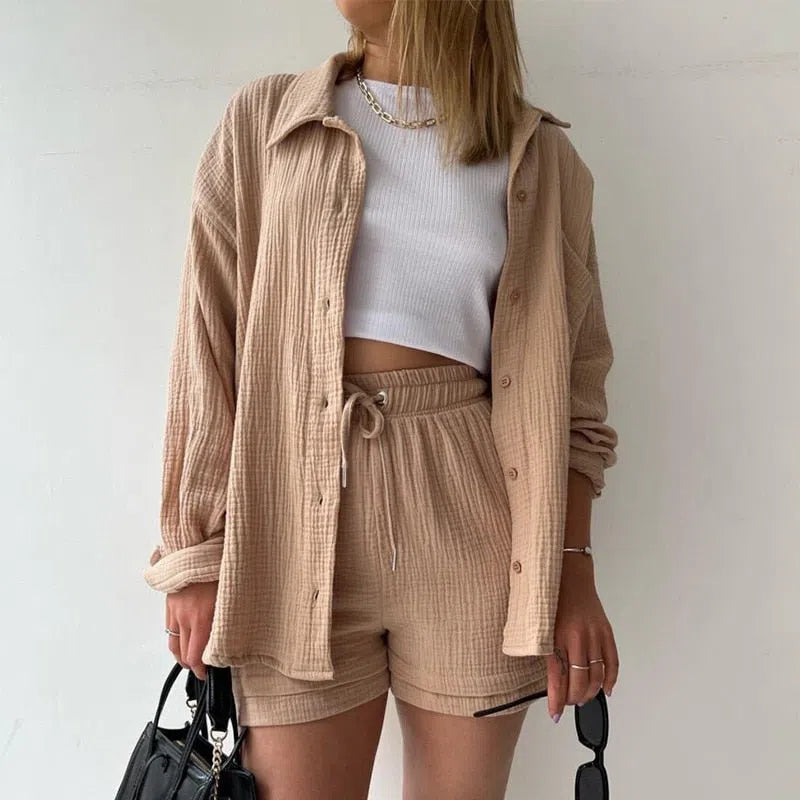 Solid Pleated Two Piece Set Pajamas for Women Summer Two Piece Suit Sleepwear Long Sleeve Short Sets Fashion Button Outfits Suit-Maas