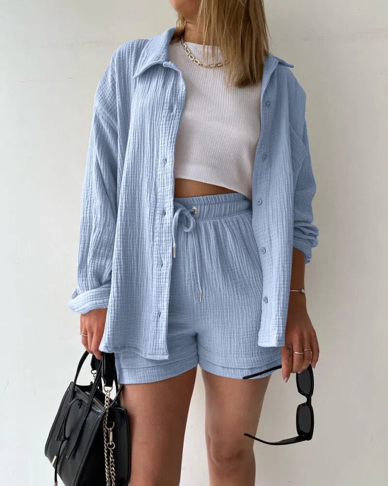 Solid Pleated Two Piece Set Pajamas for Women Summer Two Piece Suit Sleepwear Long Sleeve Short Sets Fashion Button Outfits Suit-Maas