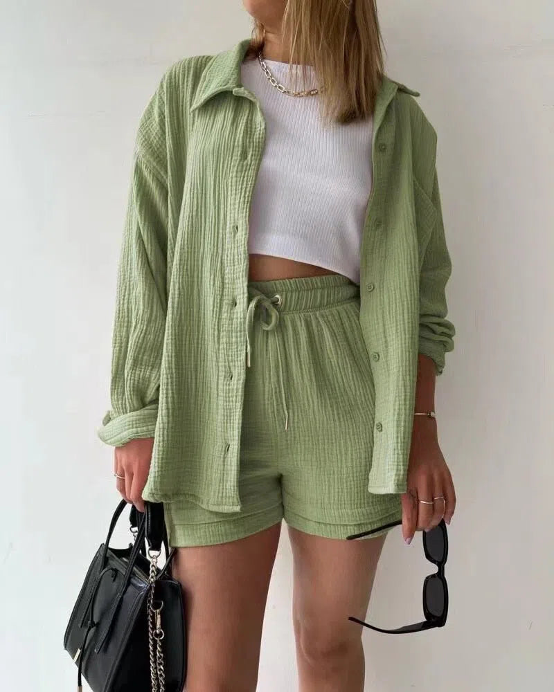 Solid Pleated Two Piece Set Pajamas for Women Summer Two Piece Suit Sleepwear Long Sleeve Short Sets Fashion Button Outfits Suit-Maas