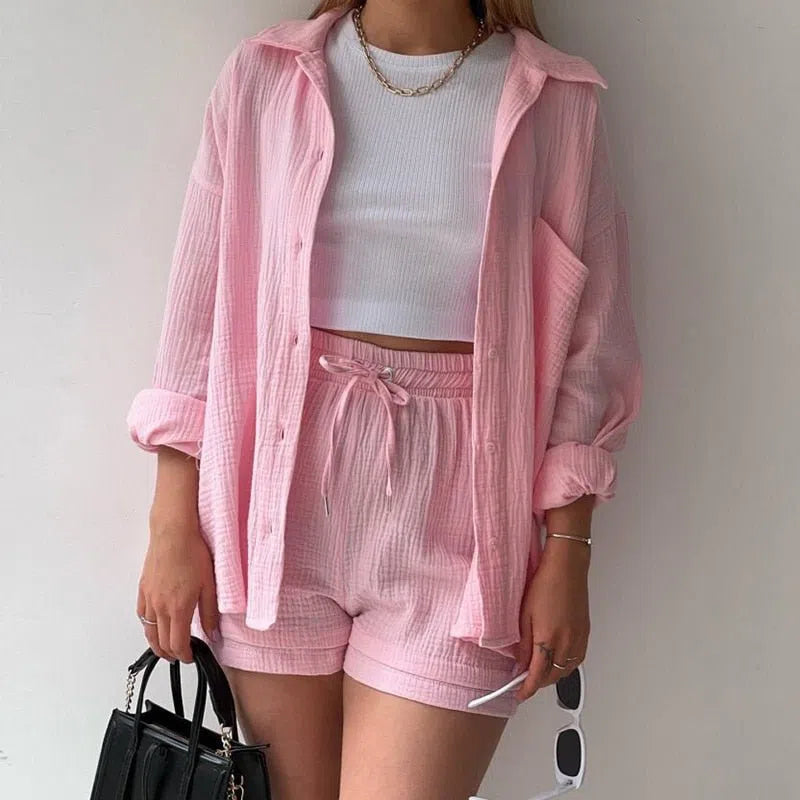 Solid Pleated Two Piece Set Pajamas for Women Summer Two Piece Suit Sleepwear Long Sleeve Short Sets Fashion Button Outfits Suit-Maas