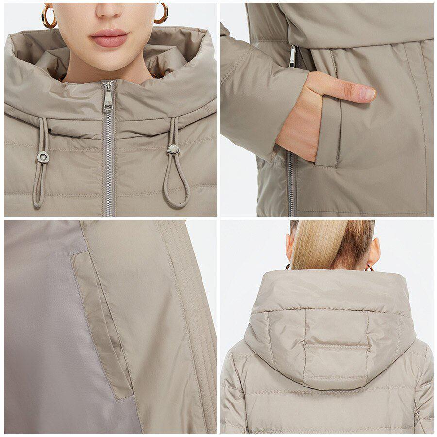 Spring Autumn Women's Long Coat Quilted Solid Color Jacket Windproof Hooded-Maas