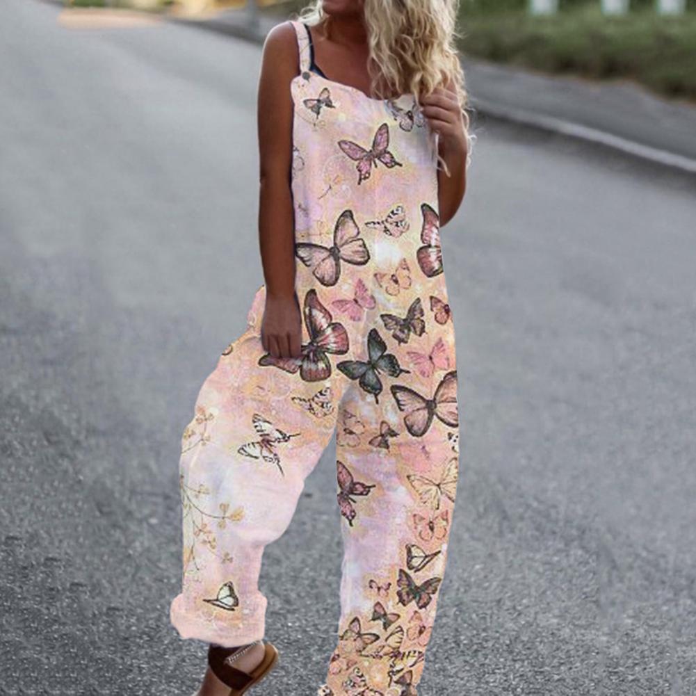 Summer Loose Floral Print Jumpsuit Cotton Women's Romper Overall Backless-Maas