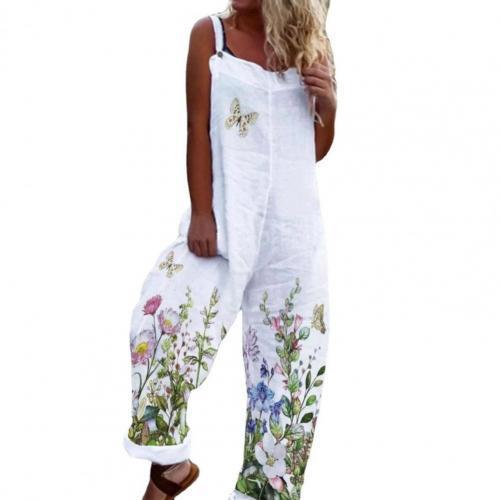 Summer Loose Floral Print Jumpsuit Cotton Women's Romper Overall Backless-Maas