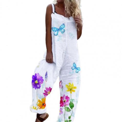 Summer Loose Floral Print Jumpsuit Cotton Women's Romper Overall Backless-Maas