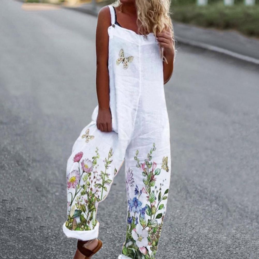 Summer Loose Floral Print Jumpsuit Cotton Women's Romper Overall Backless-Maas