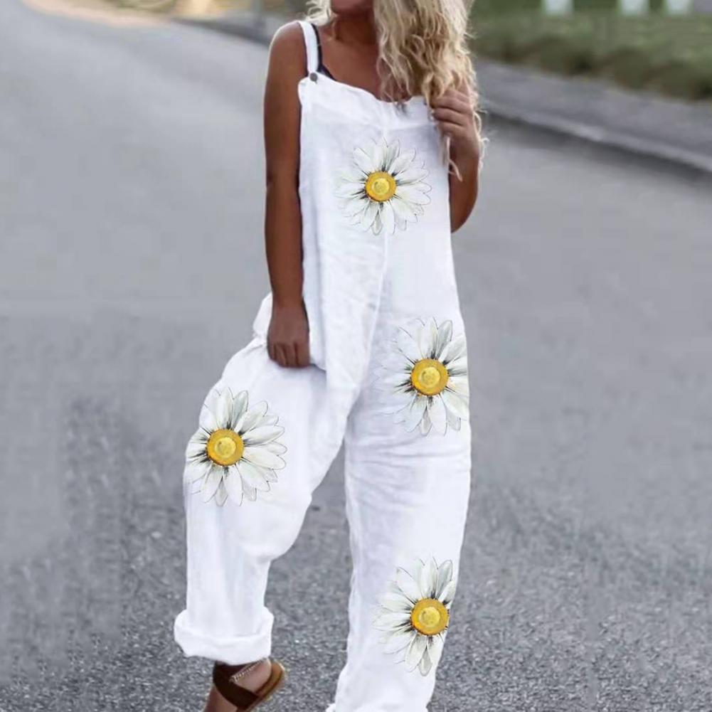 Summer Loose Floral Print Jumpsuit Cotton Women's Romper Overall Backless-Maas