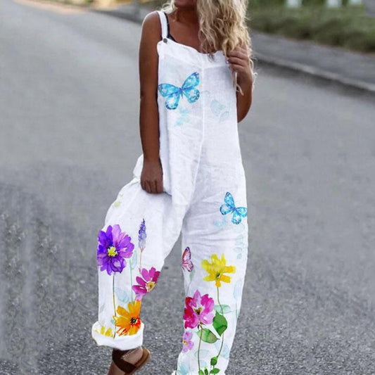 Summer Loose Floral Print Jumpsuit Cotton Women's Romper Overall Backless-Maas