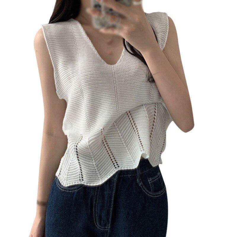 Summer Sleeveless Vest Hollow Out Hem Women's Loose Tank Tops Camis-Maas