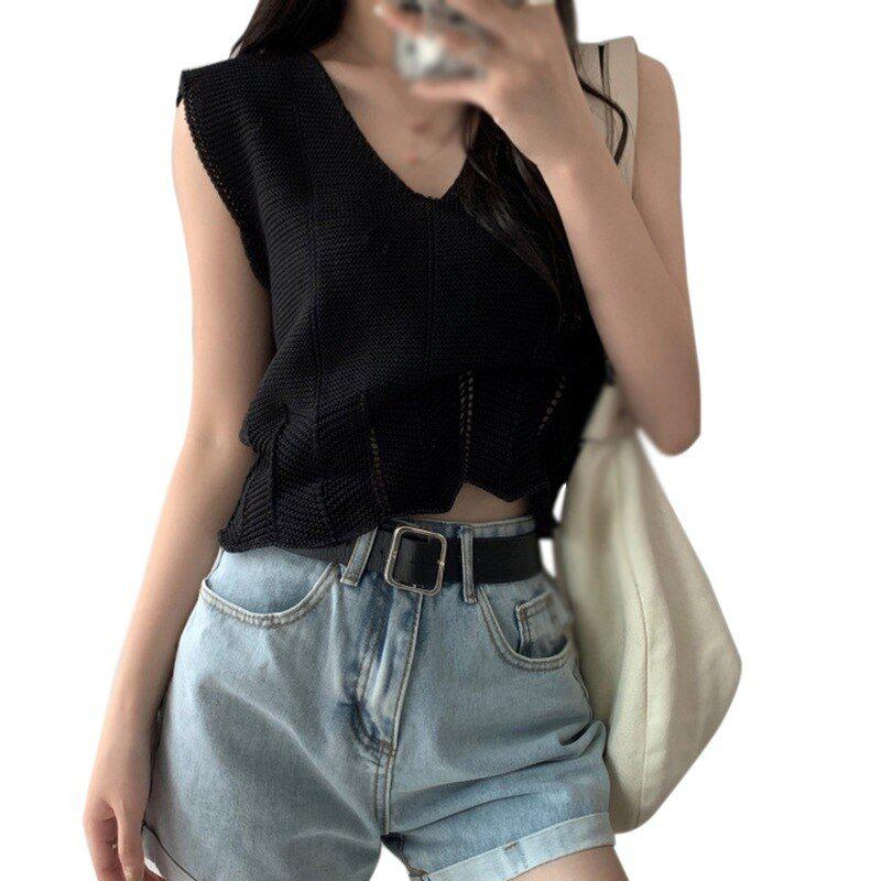 Summer Sleeveless Vest Hollow Out Hem Women's Loose Tank Tops Camis-Maas