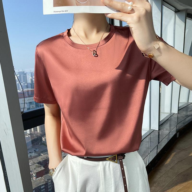 T-Shirts Neck Short Sleeve Casual Solid Color Bottom Basic Loose-Maas