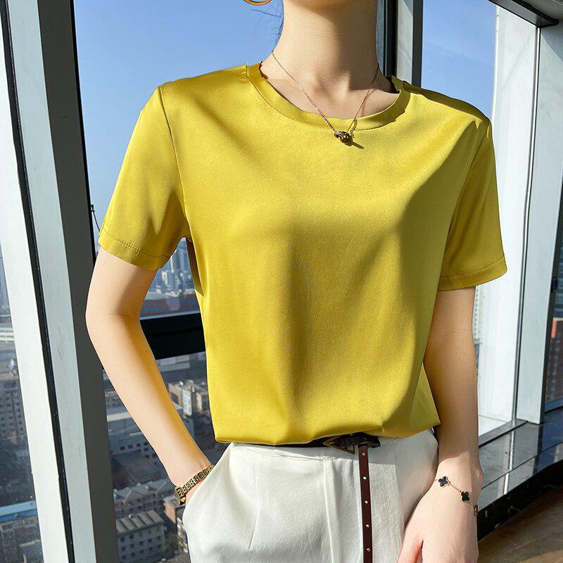 T-Shirts Neck Short Sleeve Casual Solid Color Bottom Basic Loose-Maas