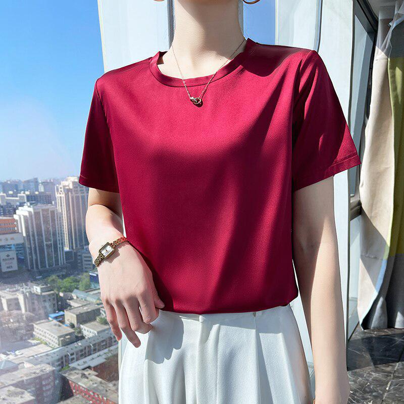 T-Shirts Neck Short Sleeve Casual Solid Color Bottom Basic Loose-Maas