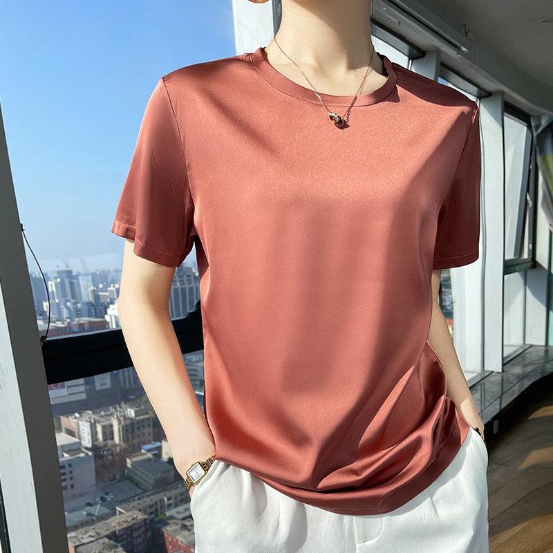 T-Shirts Neck Short Sleeve Casual Solid Color Bottom Basic Loose-Maas