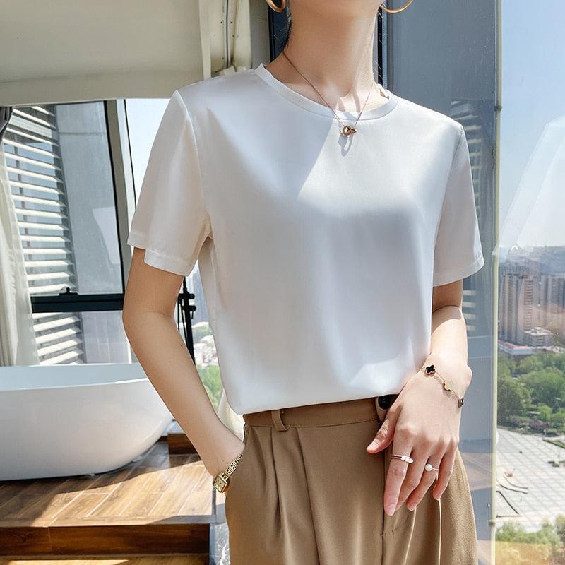 T-Shirts Neck Short Sleeve Casual Solid Color Bottom Basic Loose-Maas