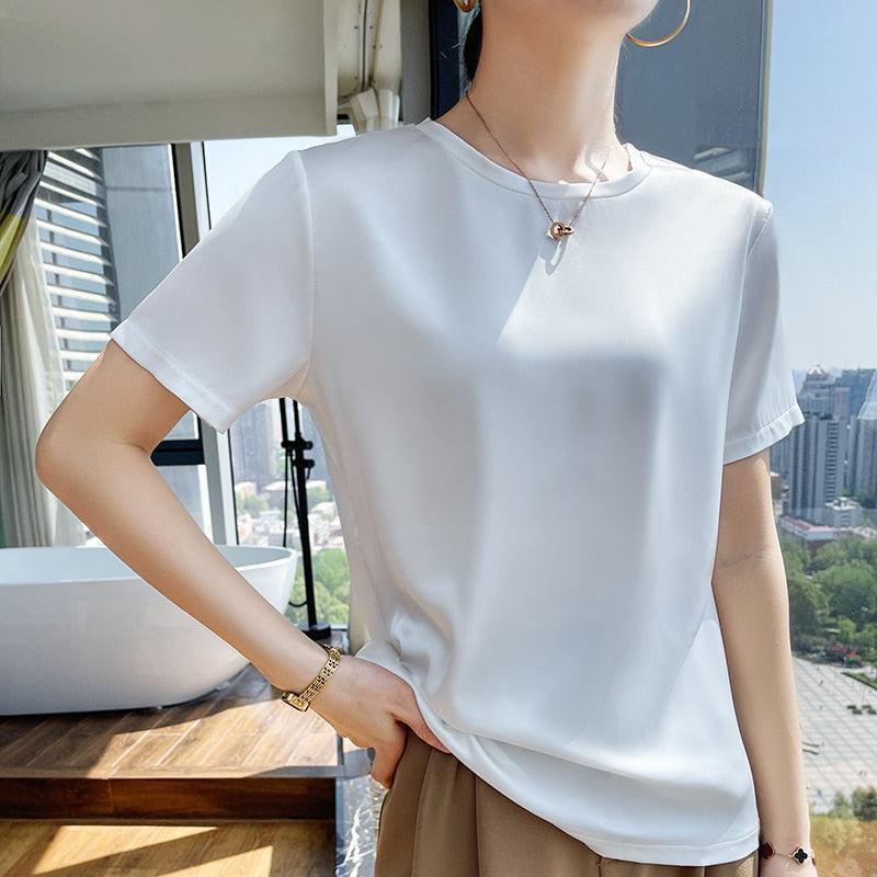 T-Shirts Neck Short Sleeve Casual Solid Color Bottom Basic Loose-Maas