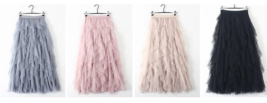 Tulle Long Maxi Skirt For Women High Waist Pleated Mesh-Maas