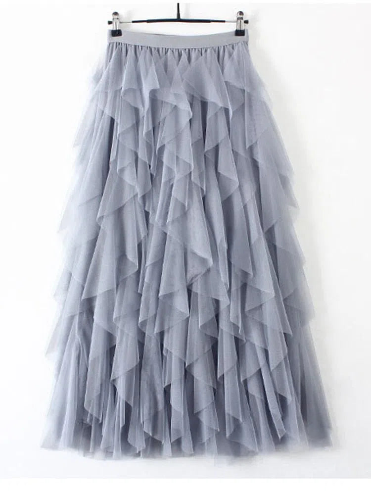 Tulle Long Maxi Skirt For Women High Waist Pleated Mesh-Maas