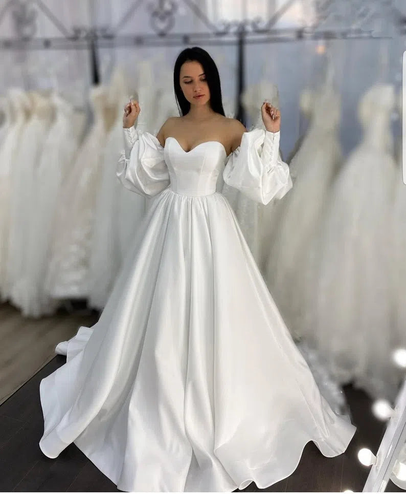 Wedding Dresses Gown Satin Ivory Long Detachable Puffy Sleeves-Maas