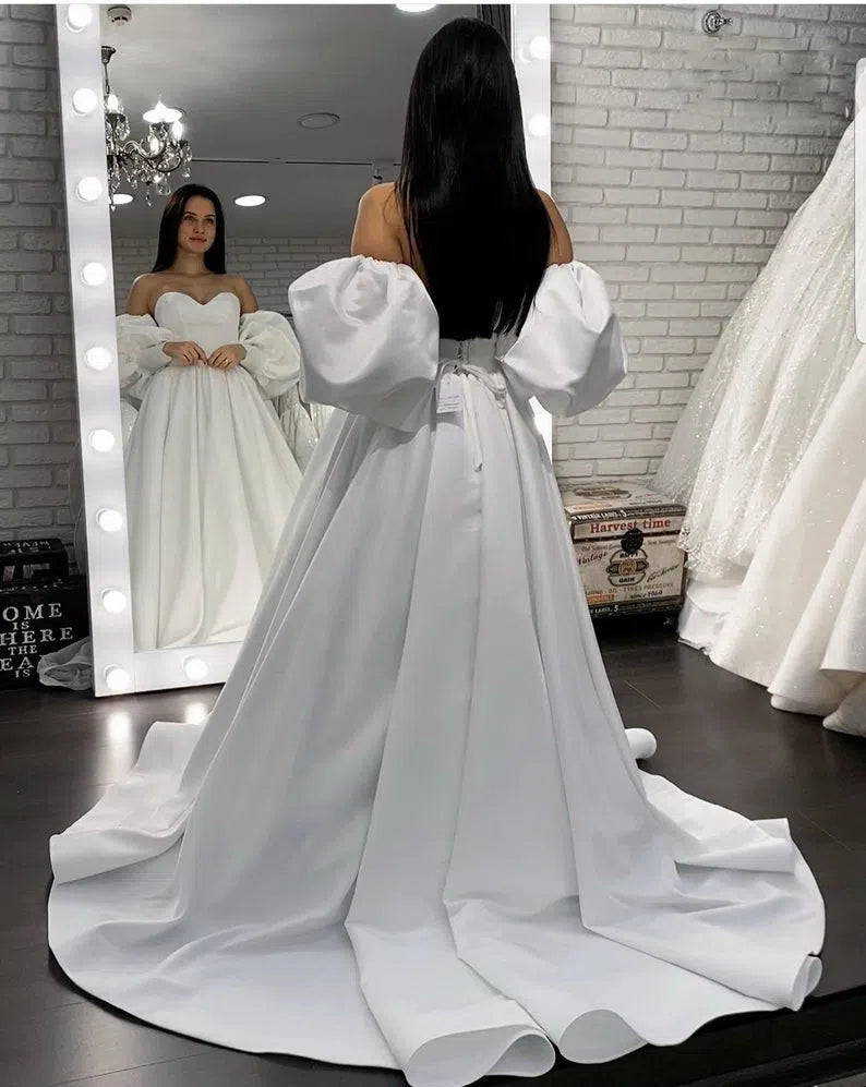 Wedding Dresses Gown Satin Ivory Long Detachable Puffy Sleeves-Maas