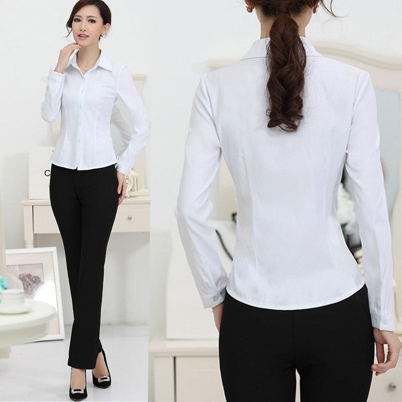 White Blouse Shirt Women's Formal work wear elegant Long Sleeve-Maas