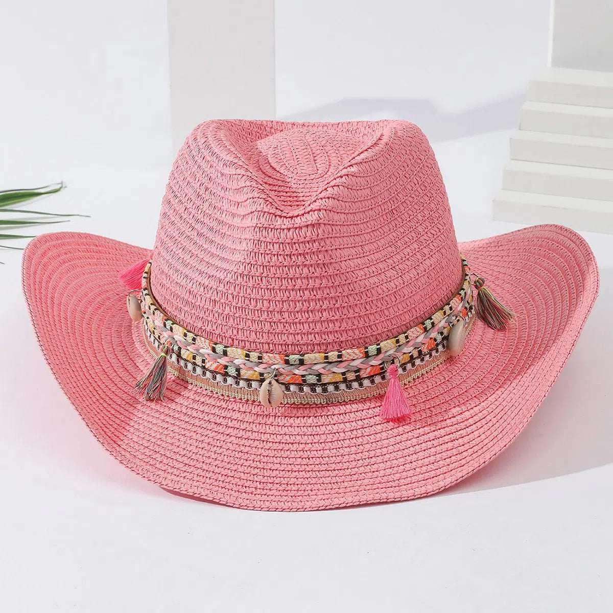 Wholesale Women Pink Tassel Cowboy Hat Floppy Beach Hats Summer Straw Hats Ladies UV Protection Hat Panama Sun Hat-Maas