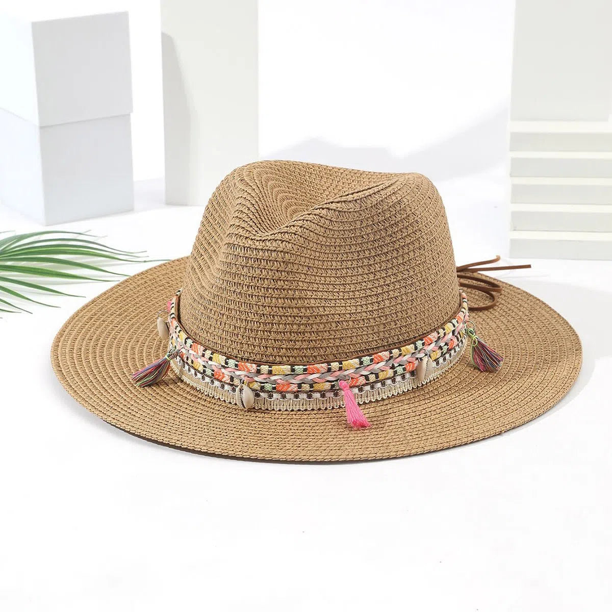 Wholesale Women Pink Tassel Cowboy Hat Floppy Beach Hats Summer Straw Hats Ladies UV Protection Hat Panama Sun Hat-Maas