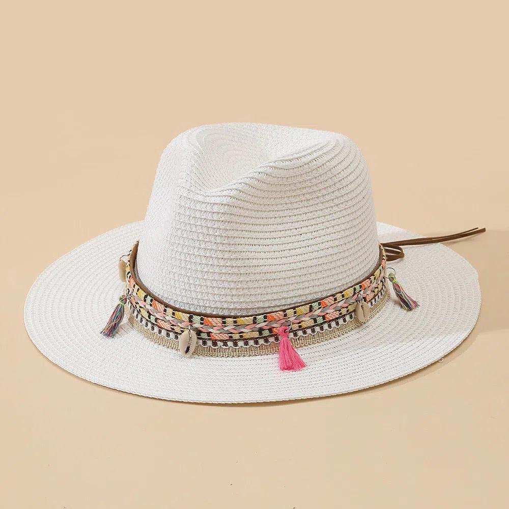 Wholesale Women Pink Tassel Cowboy Hat Floppy Beach Hats Summer Straw Hats Ladies UV Protection Hat Panama Sun Hat-Maas