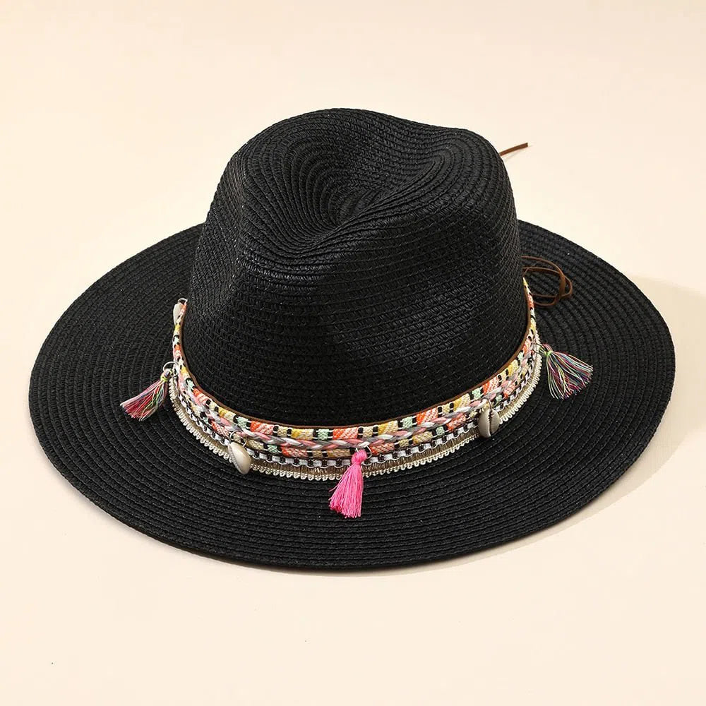 Wholesale Women Pink Tassel Cowboy Hat Floppy Beach Hats Summer Straw Hats Ladies UV Protection Hat Panama Sun Hat-Maas